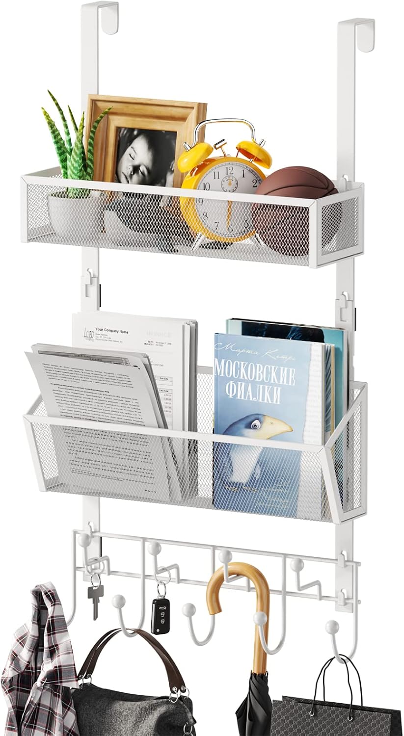 Over The Door Organizer with Coat Hooks and 2 Baskets, Stainless Steel Rustproof Over The Door Hanger Hooks for Bathroom, Kitchen, Bedroom-White (for 1.76in Doors)