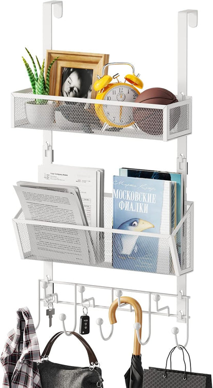 Over The Door Organizer with Coat Hooks and 2 Baskets, Stainless Steel Rustproof Over The Door Hanger Hooks for Bathroom, Kitchen, Bedroom-White (for 1.76in Doors)