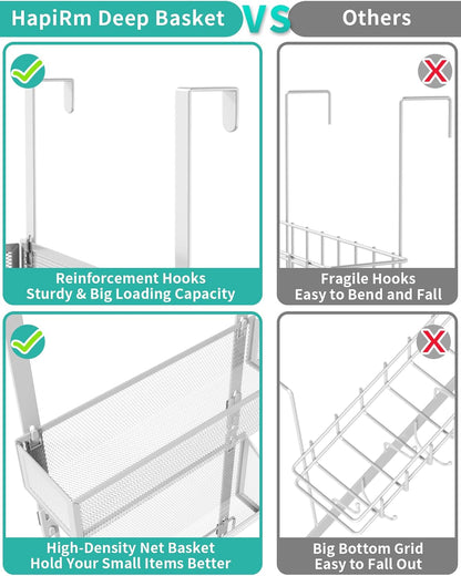Over The Door Organizer with Coat Hooks and 2 Baskets, Stainless Steel Rustproof Over The Door Hanger Hooks for Bathroom, Kitchen, Bedroom-White (for 1.76in Doors)
