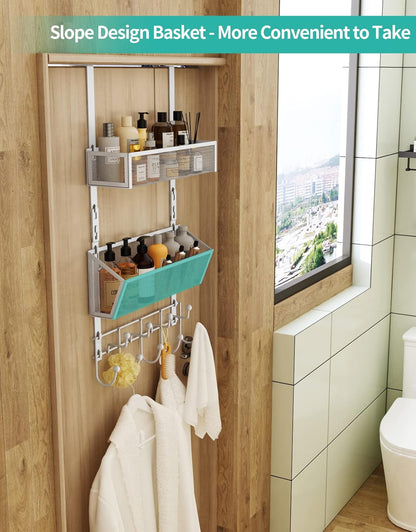 Over The Door Organizer with Coat Hooks and 2 Baskets, Stainless Steel Rustproof Over The Door Hanger Hooks for Bathroom, Kitchen, Bedroom-White (for 1.76in Doors)