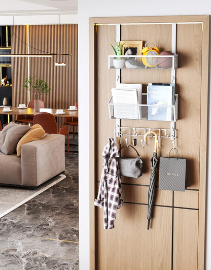 Over The Door Organizer with Coat Hooks and 2 Baskets, Stainless Steel Rustproof Over The Door Hanger Hooks for Bathroom, Kitchen, Bedroom-White (for 1.76in Doors)
