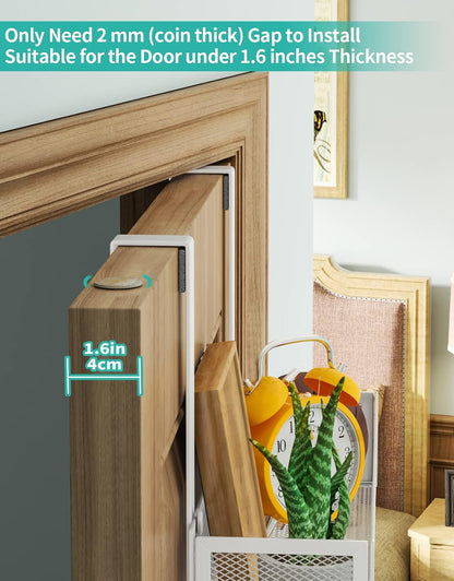 Over The Door Organizer with Coat Hooks and 2 Baskets, Stainless Steel Rustproof Over The Door Hanger Hooks for Bathroom, Kitchen, Bedroom-White (for 1.76in Doors)