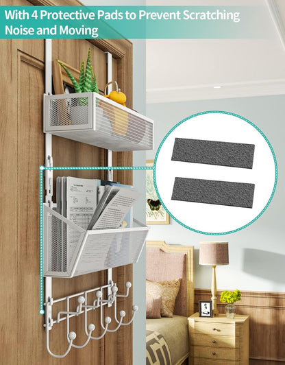 Over The Door Organizer with Coat Hooks and 2 Baskets, Stainless Steel Rustproof Over The Door Hanger Hooks for Bathroom, Kitchen, Bedroom-White (for 1.76in Doors)