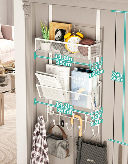 Over The Door Organizer with Coat Hooks and 2 Baskets, Stainless Steel Rustproof Over The Door Hanger Hooks for Bathroom, Kitchen, Bedroom-White (for 1.76in Doors)