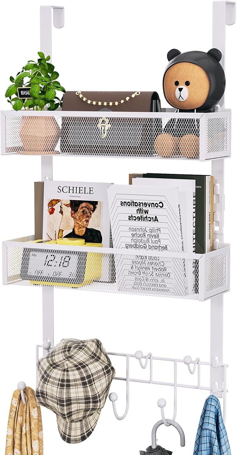 Over The Door Organizer with Coat Hooks and 2 Baskets, Stainless Steel Rustproof Over The Door Hanger Hooks for Bathroom, Kitchen, Bedroom-White (for 1.76in Doors)