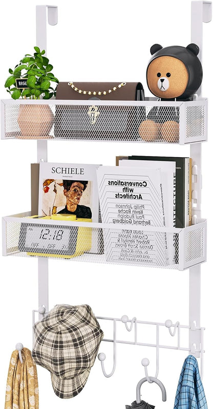 Over The Door Organizer with Coat Hooks and 2 Baskets, Stainless Steel Rustproof Over The Door Hanger Hooks for Bathroom, Kitchen, Bedroom-White (for 1.76in Doors)