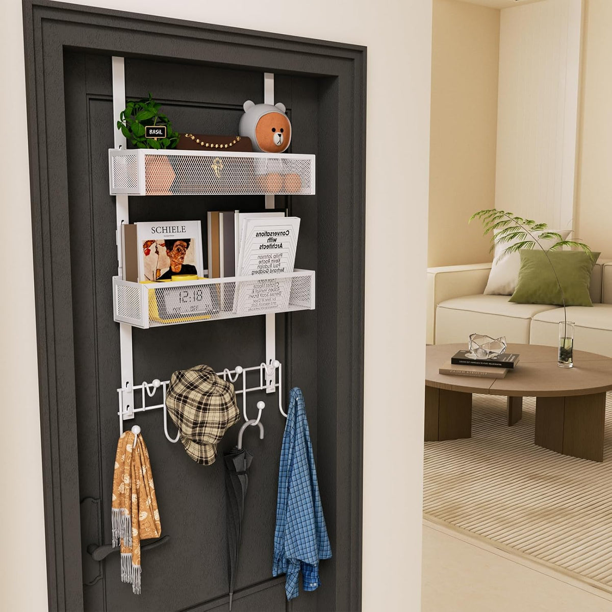 Over The Door Organizer with Coat Hooks and 2 Baskets, Stainless Steel Rustproof Over The Door Hanger Hooks for Bathroom, Kitchen, Bedroom-White (for 1.76in Doors)