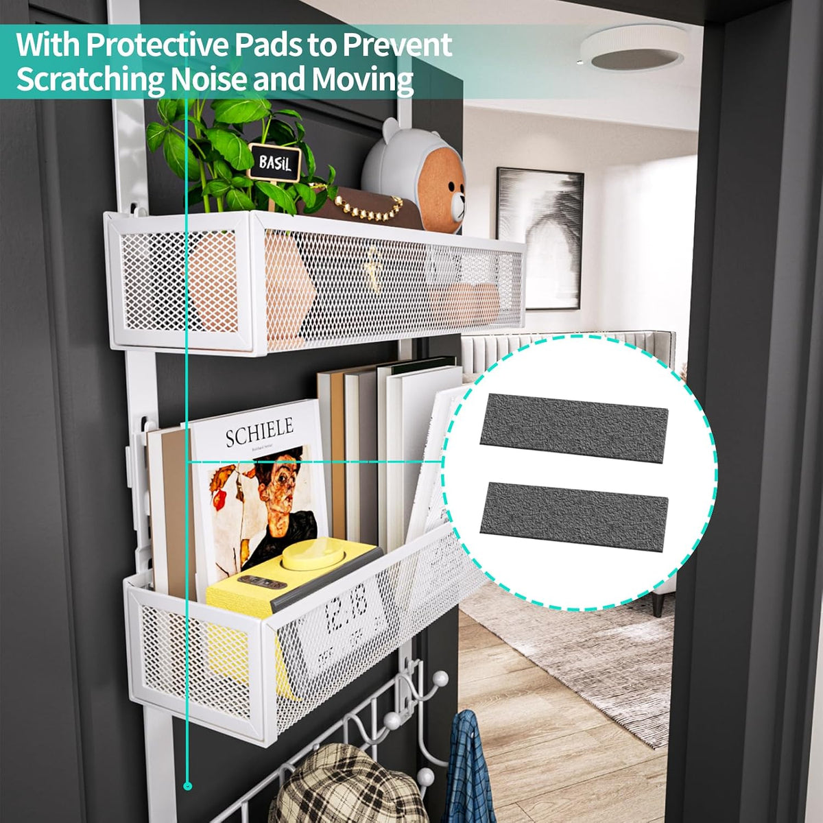 Over The Door Organizer with Coat Hooks and 2 Baskets, Stainless Steel Rustproof Over The Door Hanger Hooks for Bathroom, Kitchen, Bedroom-White (for 1.76in Doors)