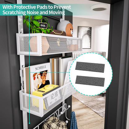 Over The Door Organizer with Coat Hooks and 2 Baskets, Stainless Steel Rustproof Over The Door Hanger Hooks for Bathroom, Kitchen, Bedroom-White (for 1.76in Doors)