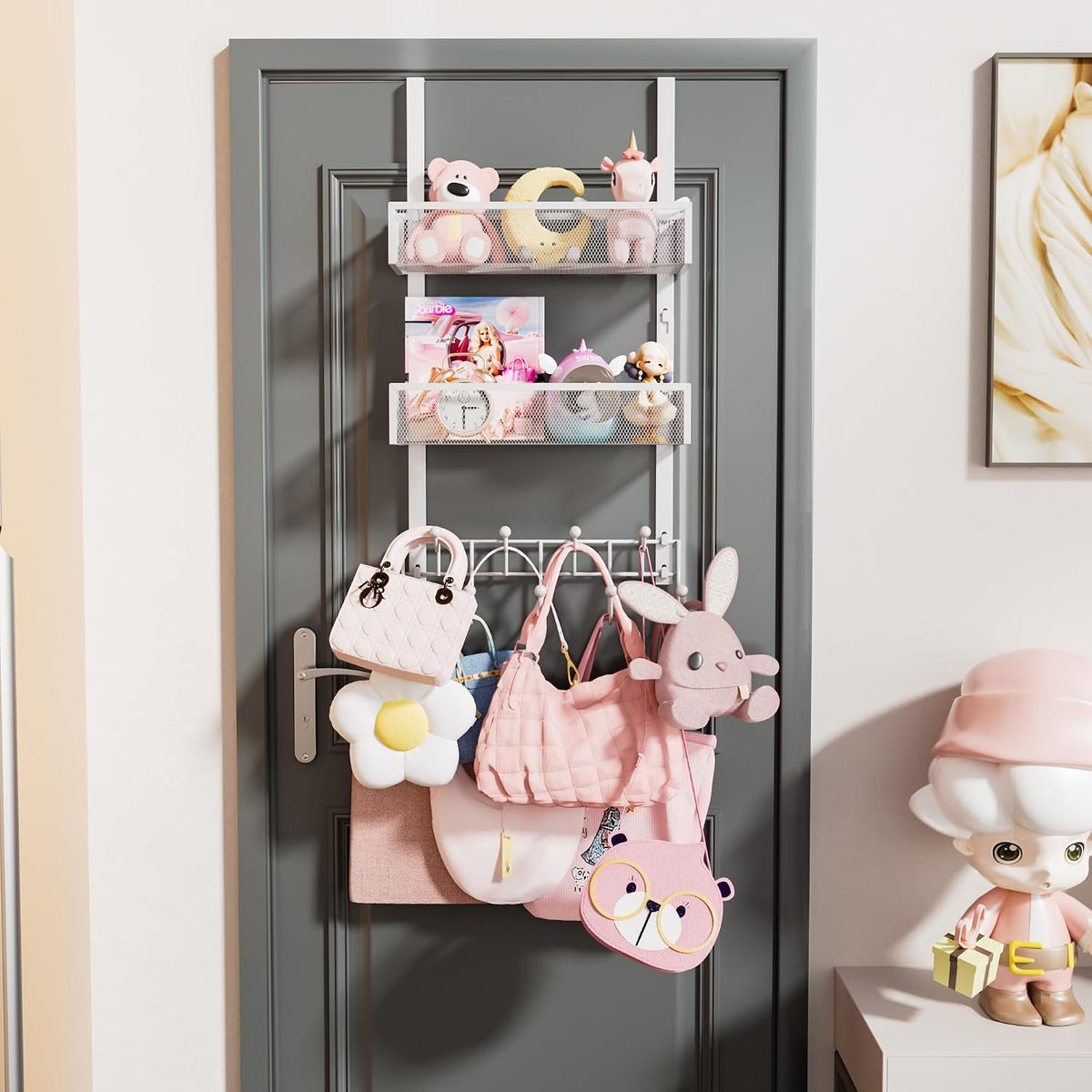 Over The Door Organizer with Coat Hooks and 2 Baskets, Stainless Steel Rustproof Over The Door Hanger Hooks for Bathroom, Kitchen, Bedroom-White (for 1.76in Doors)