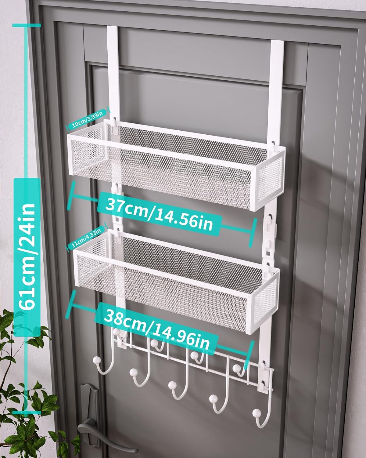 Over The Door Organizer with Coat Hooks and 2 Baskets, Stainless Steel Rustproof Over The Door Hanger Hooks for Bathroom, Kitchen, Bedroom-White (for 1.76in Doors)
