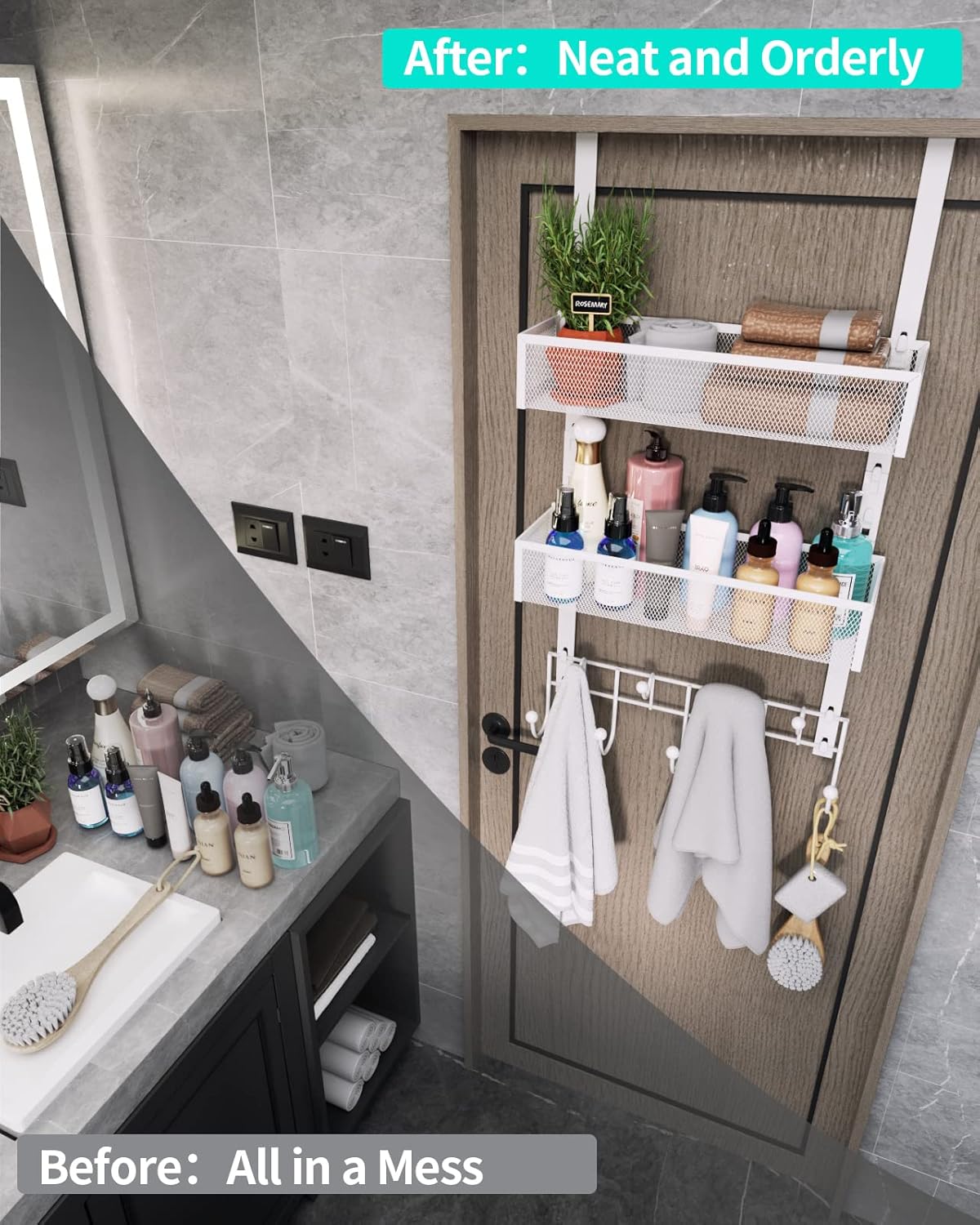 Over The Door Organizer with Coat Hooks and 2 Baskets, Stainless Steel Rustproof Over The Door Hanger Hooks for Bathroom, Kitchen, Bedroom-White (for 1.76in Doors)