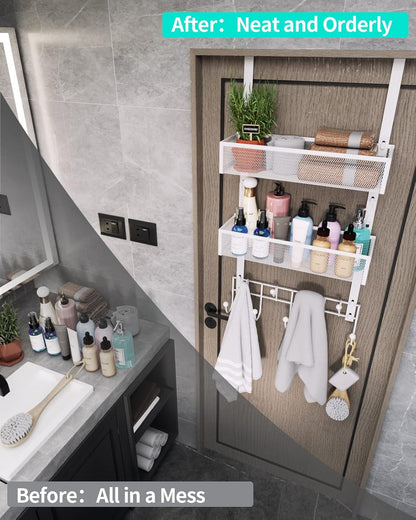 Over The Door Organizer with Coat Hooks and 2 Baskets, Stainless Steel Rustproof Over The Door Hanger Hooks for Bathroom, Kitchen, Bedroom-White (for 1.76in Doors)