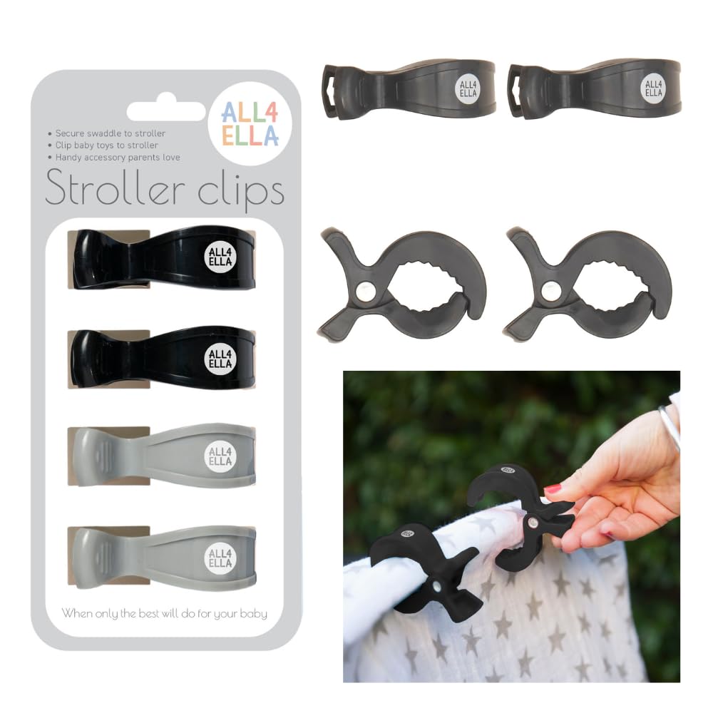 Baby Blanket Stroller Clips (4 Pack) | Hooks Muslin to Stroller | Australian Baby Product | Infant/Toddler | Black/Grey