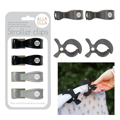 Baby Blanket Stroller Clips (4 Pack) | Hooks Muslin to Stroller | Australian Baby Product | Infant/Toddler | Black/Grey