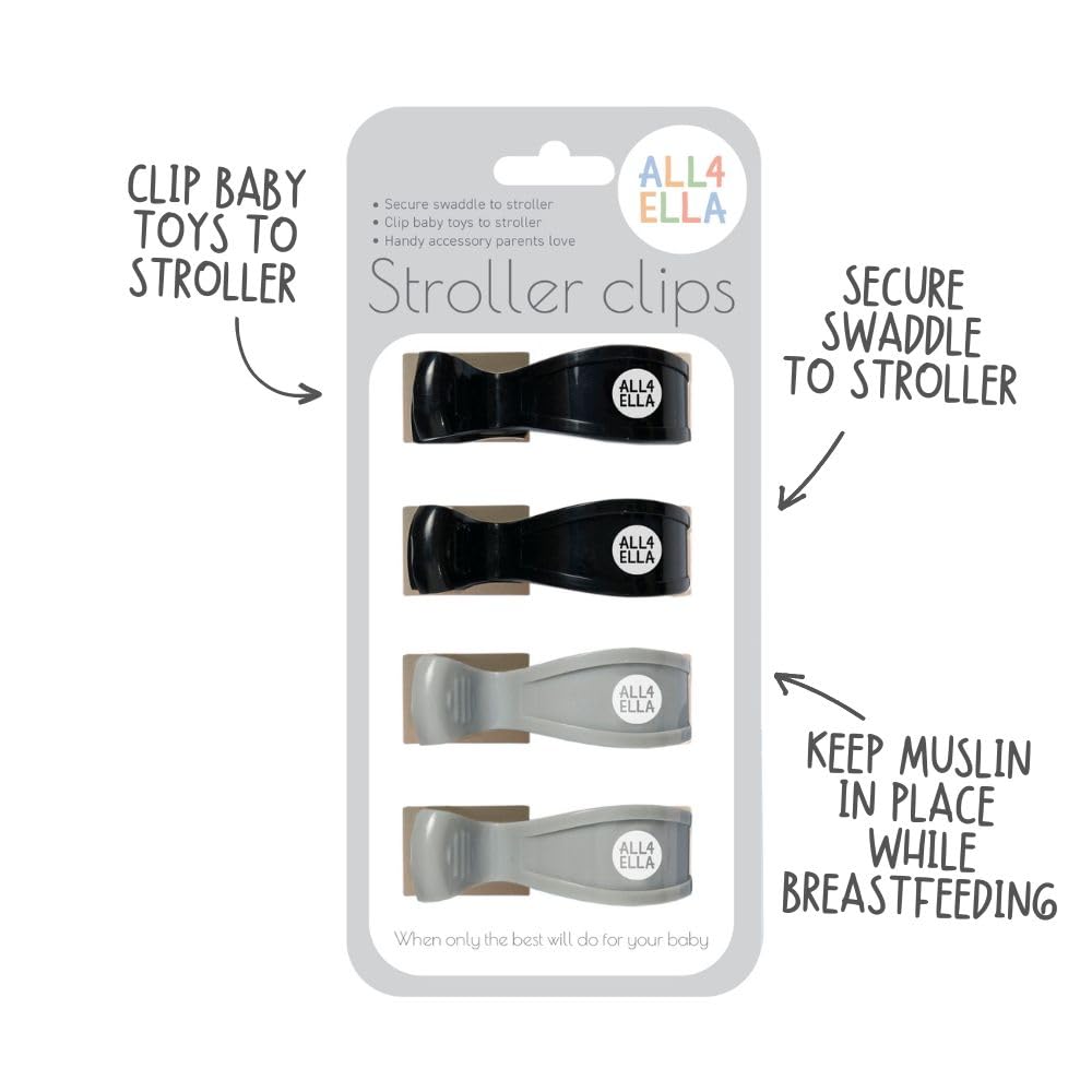 Baby Blanket Stroller Clips (4 Pack) | Hooks Muslin to Stroller | Australian Baby Product | Infant/Toddler | Black/Grey