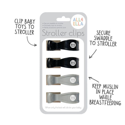 Baby Blanket Stroller Clips (4 Pack) | Hooks Muslin to Stroller | Australian Baby Product | Infant/Toddler | Black/Grey