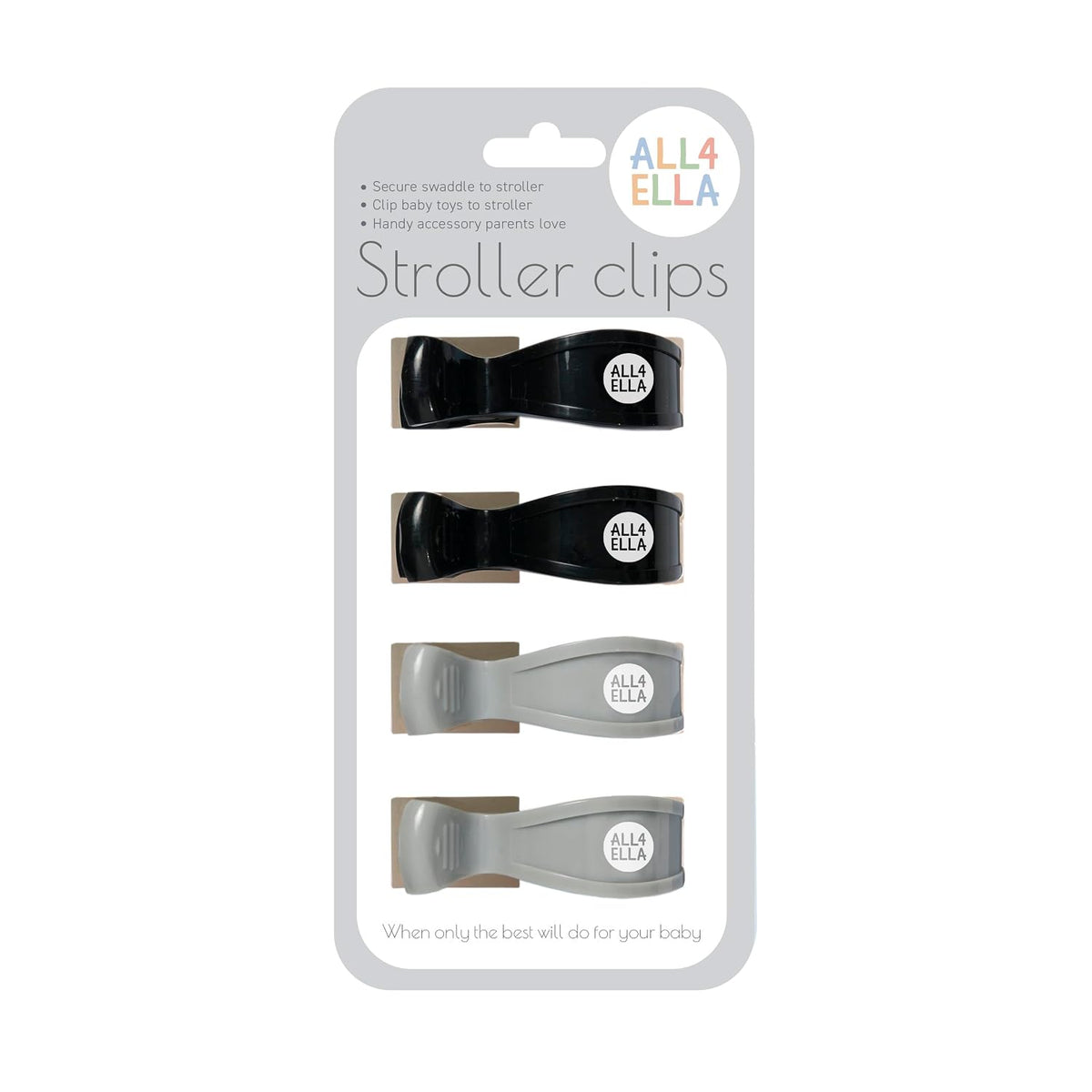 Baby Blanket Stroller Clips (4 Pack) | Hooks Muslin to Stroller | Australian Baby Product | Infant/Toddler | Black/Grey