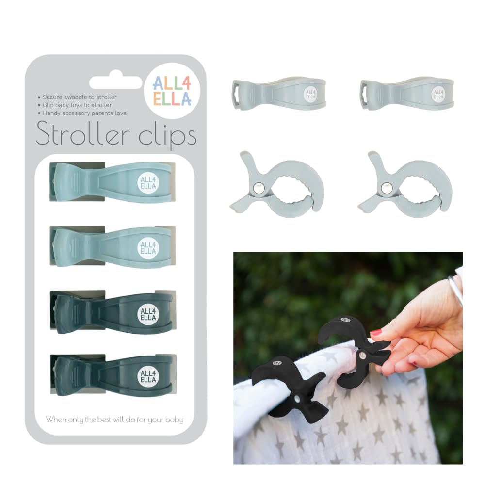 Baby Blanket Stroller Clips (4 Pack) | Hooks Muslin to Stroller | Australian Baby Product | Infant/Toddler | Black/Grey