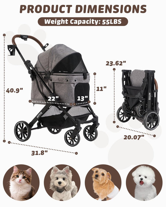 Pet Stroller with Weatherproof Cover, All-Terrain 4-Wheel Cat & Dog Stroller with Adjustable Canopy, Foldable Dog Strollers with Storage Basket for Small to Medium Dogs Up to 55 lbs.