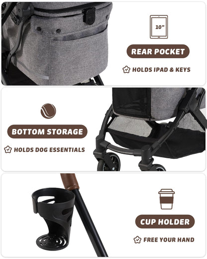 Pet Stroller with Weatherproof Cover, All-Terrain 4-Wheel Cat & Dog Stroller with Adjustable Canopy, Foldable Dog Strollers with Storage Basket for Small to Medium Dogs Up to 55 lbs.