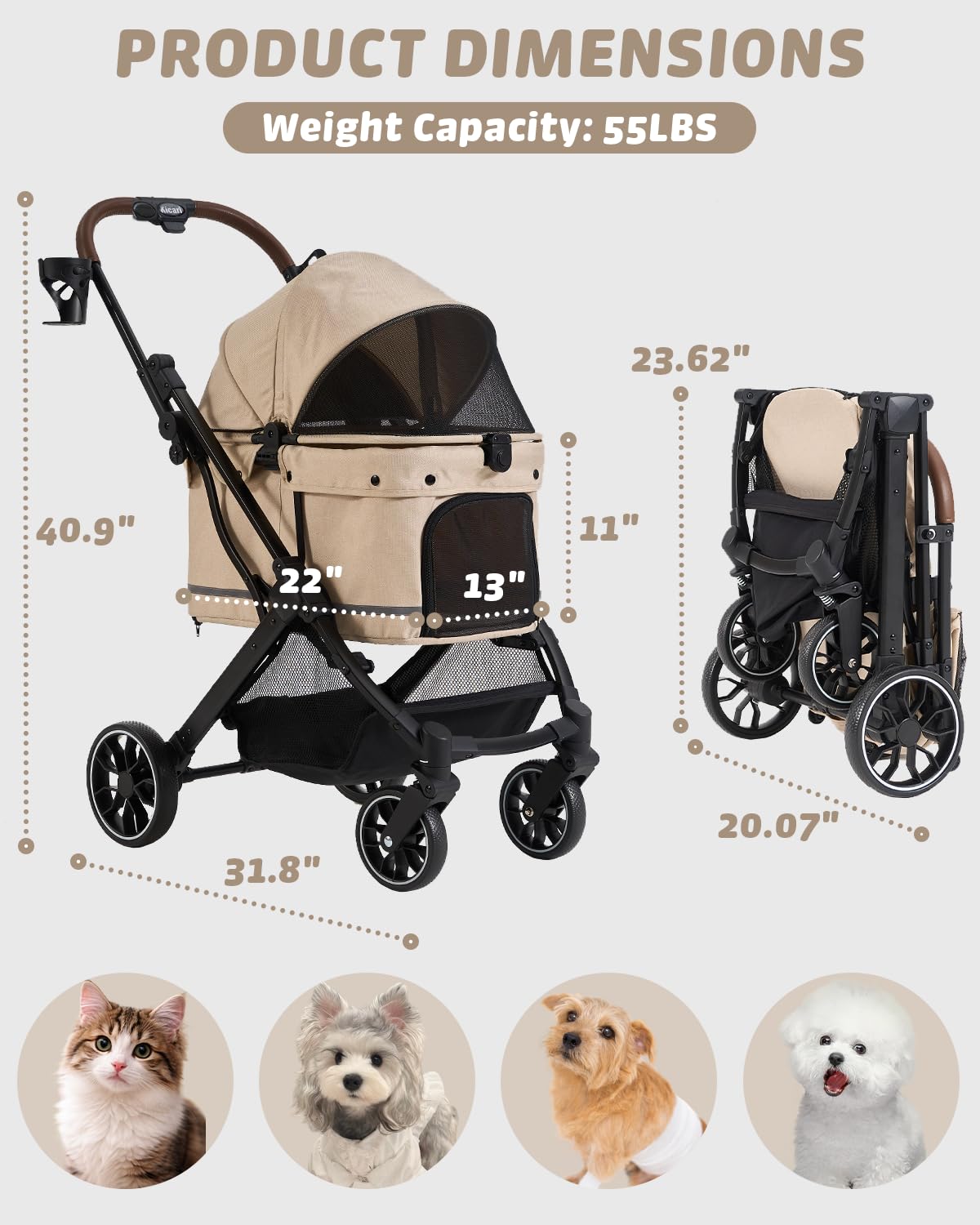 Pet Stroller with Weatherproof Cover, All-Terrain 4-Wheel Cat & Dog Stroller with Adjustable Canopy, Foldable Dog Strollers with Storage Basket for Small to Medium Dogs Up to 55 lbs.