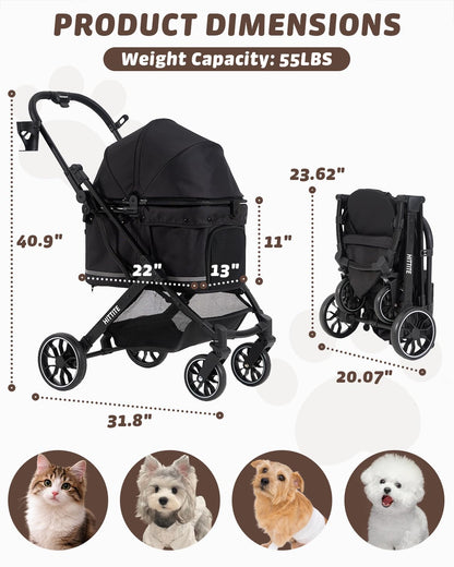 Pet Stroller with Weatherproof Cover, All-Terrain 4-Wheel Cat & Dog Stroller with Adjustable Canopy, Foldable Dog Strollers with Storage Basket for Small to Medium Dogs Up to 55 lbs.