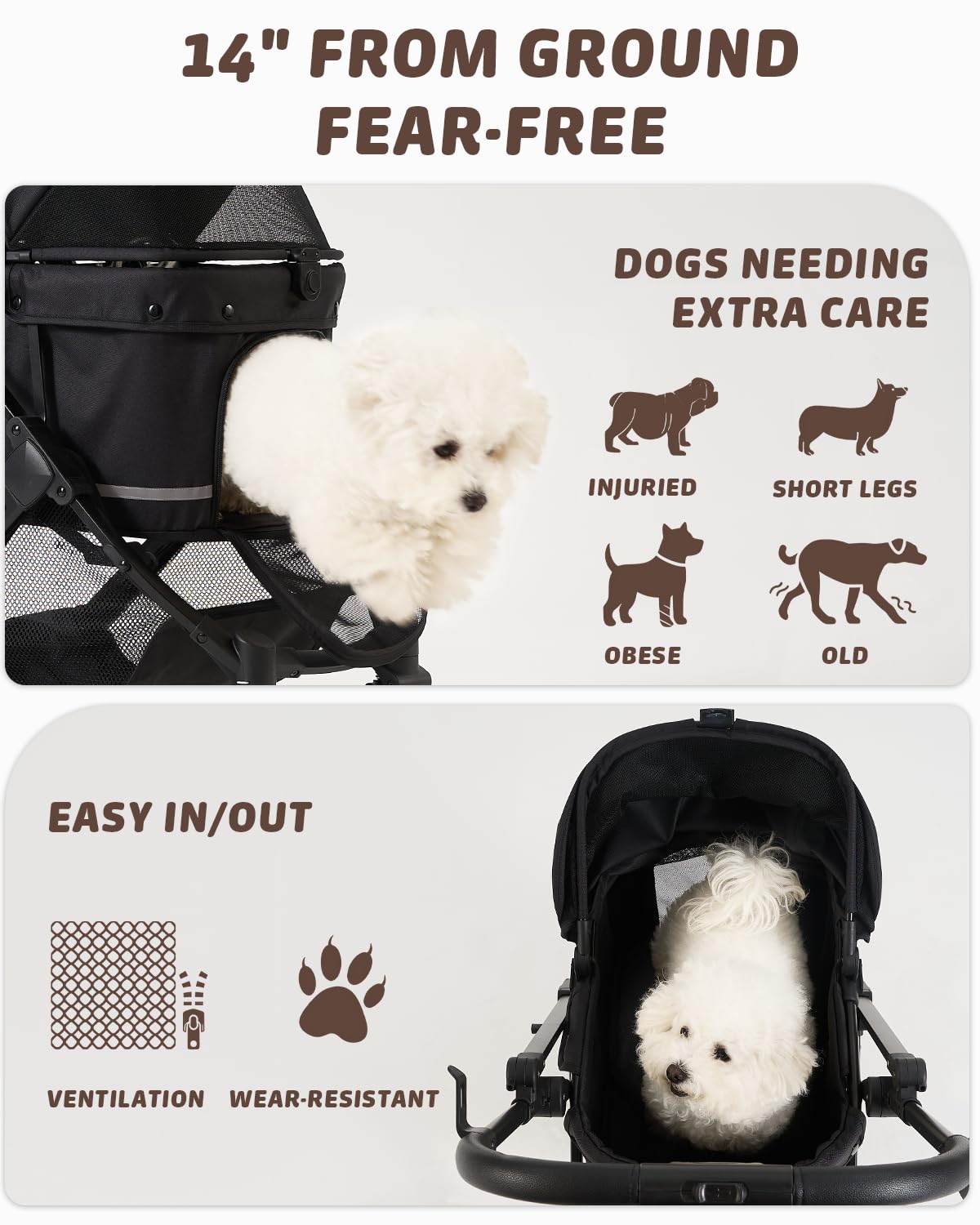 Pet Stroller with Weatherproof Cover, All-Terrain 4-Wheel Cat & Dog Stroller with Adjustable Canopy, Foldable Dog Strollers with Storage Basket for Small to Medium Dogs Up to 55 lbs.