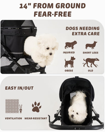 Pet Stroller with Weatherproof Cover, All-Terrain 4-Wheel Cat & Dog Stroller with Adjustable Canopy, Foldable Dog Strollers with Storage Basket for Small to Medium Dogs Up to 55 lbs.