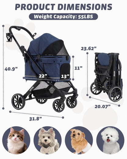 Pet Stroller with Weatherproof Cover, All-Terrain 4-Wheel Cat & Dog Stroller with Adjustable Canopy, Foldable Dog Strollers with Storage Basket for Small to Medium Dogs Up to 55 lbs.