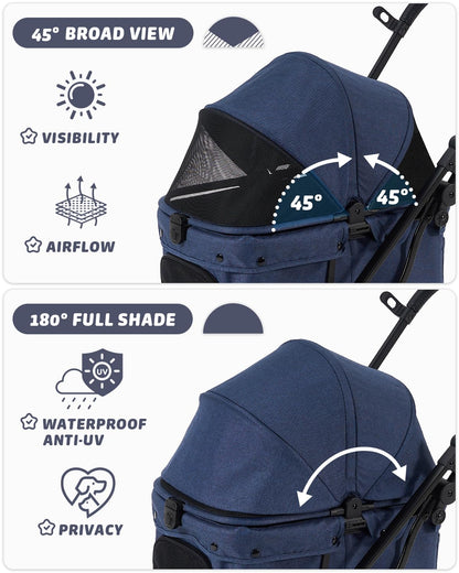 Pet Stroller with Weatherproof Cover, All-Terrain 4-Wheel Cat & Dog Stroller with Adjustable Canopy, Foldable Dog Strollers with Storage Basket for Small to Medium Dogs Up to 55 lbs.