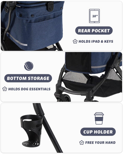 Pet Stroller with Weatherproof Cover, All-Terrain 4-Wheel Cat & Dog Stroller with Adjustable Canopy, Foldable Dog Strollers with Storage Basket for Small to Medium Dogs Up to 55 lbs.
