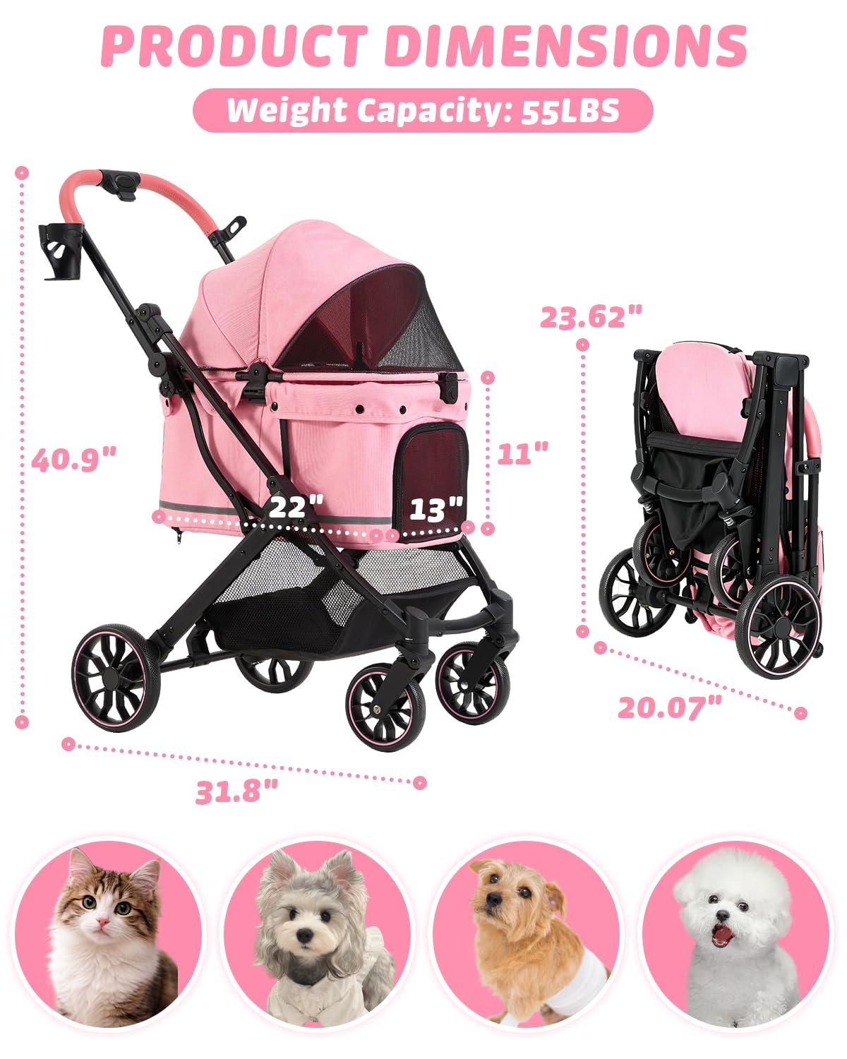 Pet Stroller with Weatherproof Cover, All-Terrain 4-Wheel Cat & Dog Stroller with Adjustable Canopy, Foldable Dog Strollers with Storage Basket for Small to Medium Dogs Up to 55 lbs.