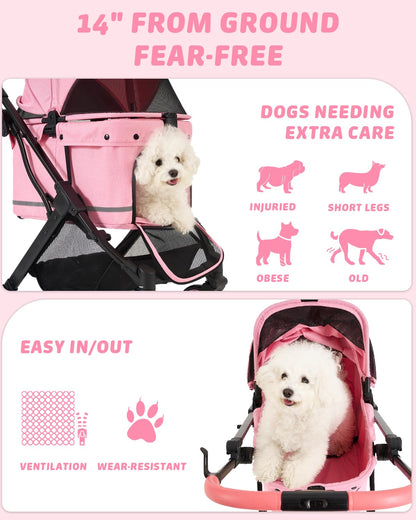 Pet Stroller with Weatherproof Cover, All-Terrain 4-Wheel Cat & Dog Stroller with Adjustable Canopy, Foldable Dog Strollers with Storage Basket for Small to Medium Dogs Up to 55 lbs.