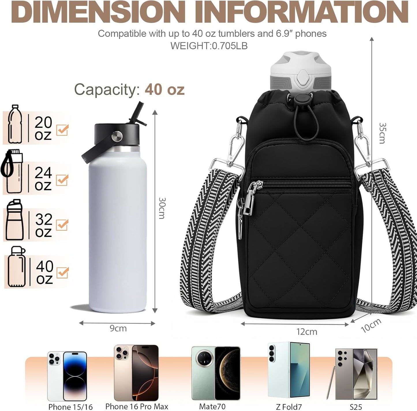 Water Bottle Carrier Bag with Strap, Insulated Corssbody Purse