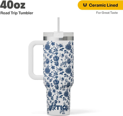 30 oz Road Trip Tumbler Double-Walled Insulated Stainless Steel Portable Travel Coffee Mug Cup with Lid, Handle and Straw, Midnight Dust Metallic - Colors A