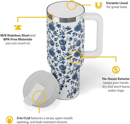 30 oz Road Trip Tumbler Double-Walled Insulated Stainless Steel Portable Travel Coffee Mug Cup with Lid, Handle and Straw, Midnight Dust Metallic - Colors A