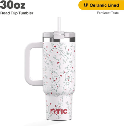 30 oz Road Trip Tumbler Double-Walled Insulated Stainless Steel Portable Travel Coffee Mug Cup with Lid, Handle and Straw, Midnight Dust Metallic - Colors A