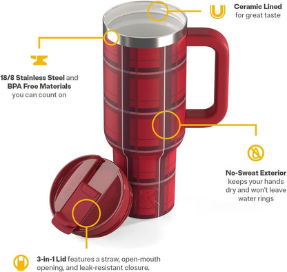 30 oz Road Trip Tumbler Double-Walled Insulated Stainless Steel Portable Travel Coffee Mug Cup with Lid, Handle and Straw, Midnight Dust Metallic - Colors A