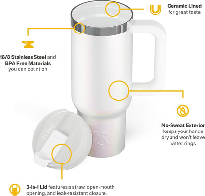 30 oz Road Trip Tumbler Double-Walled Insulated Stainless Steel Portable Travel Coffee Mug Cup with Lid, Handle and Straw, Midnight Dust Metallic - Colors A