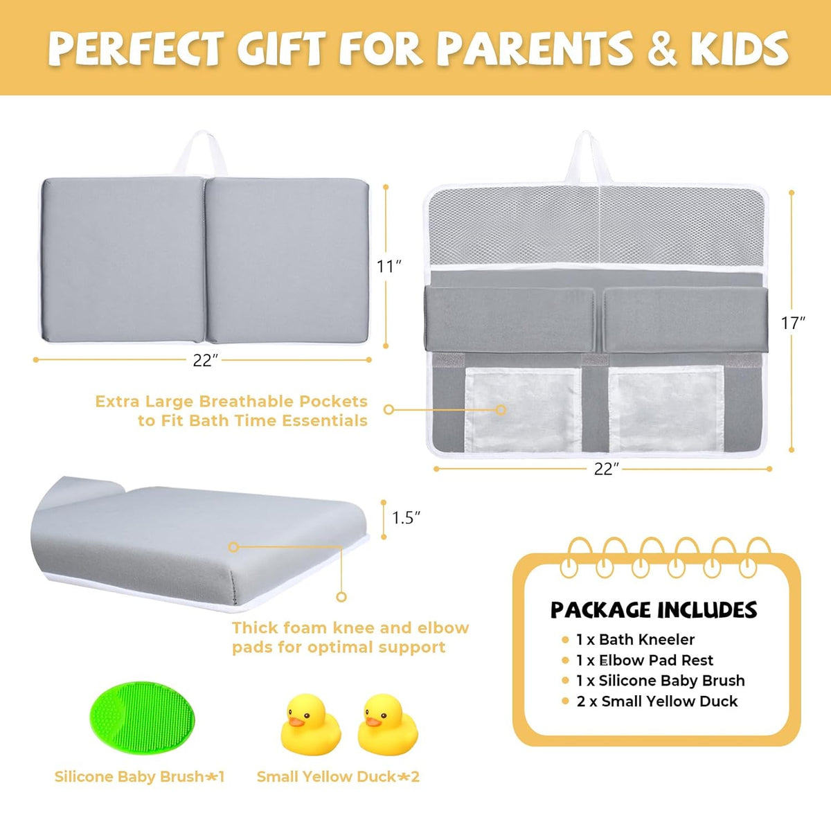 Bath Kneeler and Elbow Rest Pad Set, Quick Dry Baby Bath Kneeling Pad Thick Soft Non-Slip Baby Bathtub Mat for Baby Bathing, Baby Accessories Organizer, Gifts for Parents, Grey