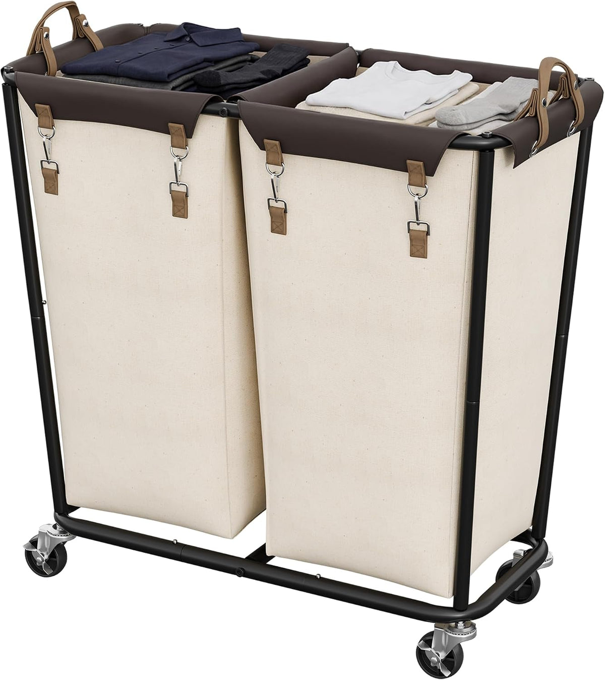 2 Section Laundry Hamper, 330L Extra Large Black Rolling Cart