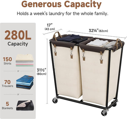 2 Section Laundry Hamper, 330L Extra Large Black Rolling Cart
