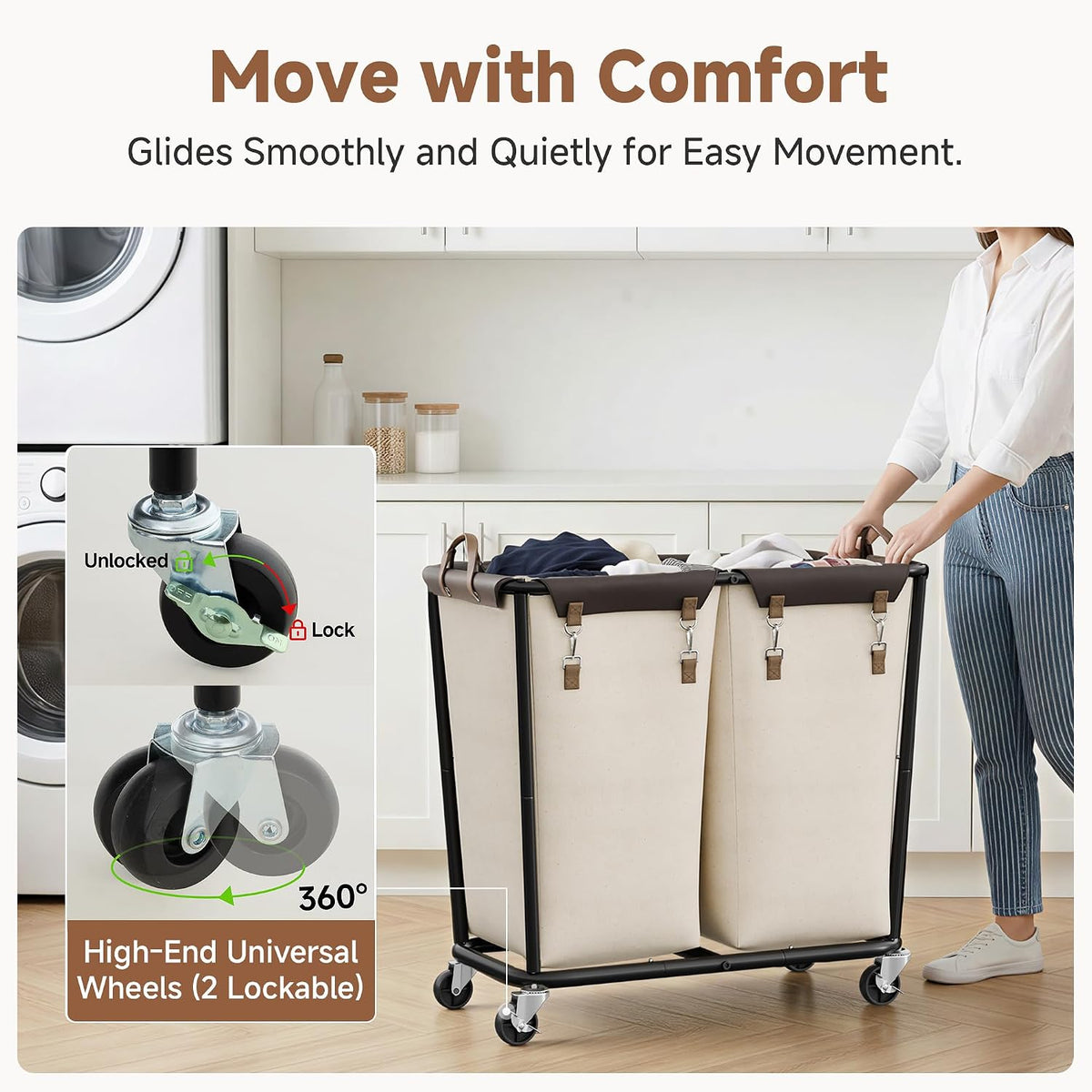 2 Section Laundry Hamper, 330L Extra Large Black Rolling Cart