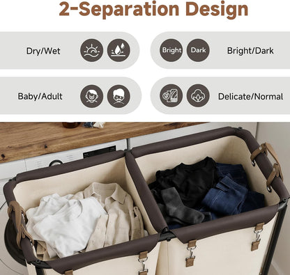 2 Section Laundry Hamper, 330L Extra Large Black Rolling Cart