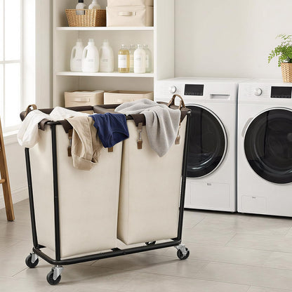 2 Section Laundry Hamper, 330L Extra Large Black Rolling Cart