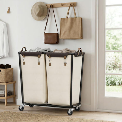 2 Section Laundry Hamper, 330L Extra Large Black Rolling Cart