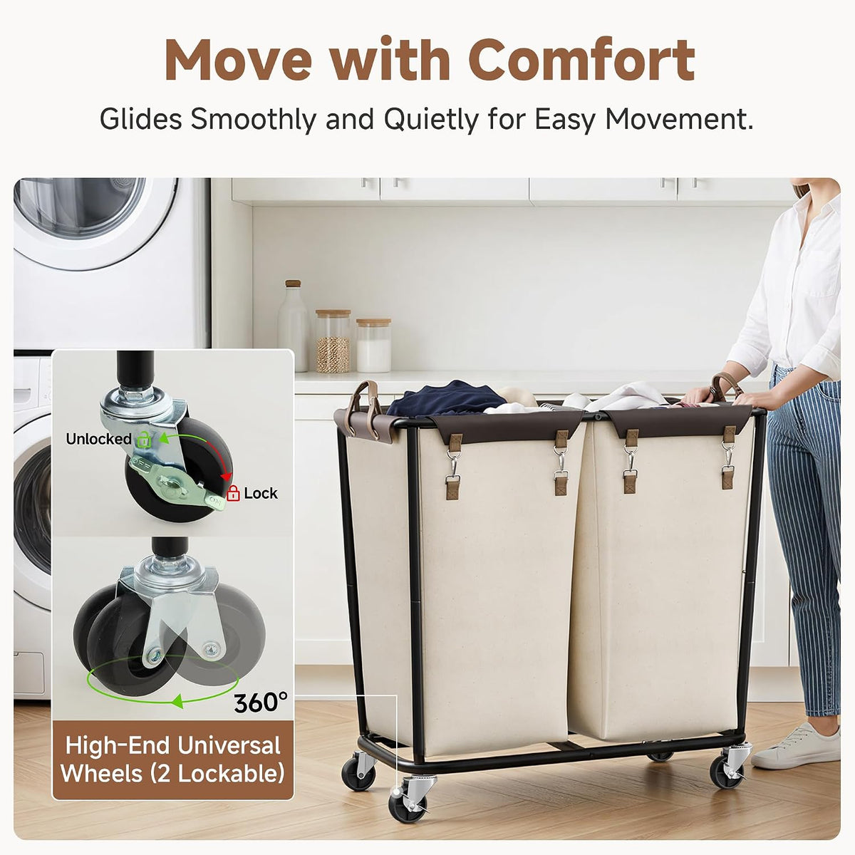 2 Section Laundry Hamper, 330L Extra Large Black Rolling Cart