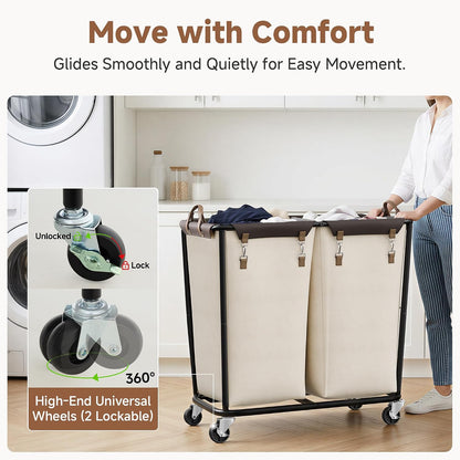 2 Section Laundry Hamper, 330L Extra Large Black Rolling Cart