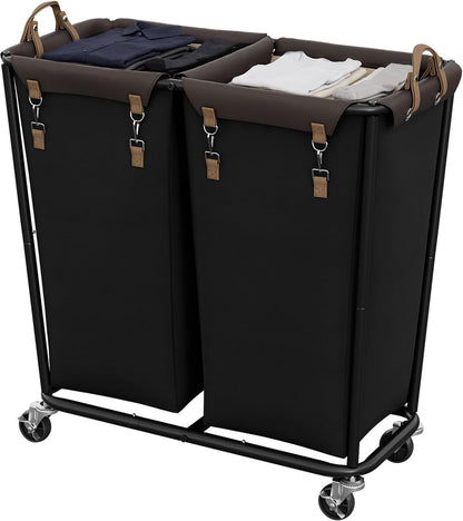 2 Section Laundry Hamper, 330L Extra Large Black Rolling Cart